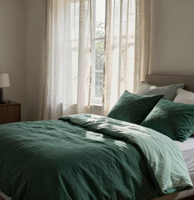 A high-end, serene bedroom in a contemporary North American / US home. Soft sunlight filters through linen curtains onto a bed with organic cotton sheets in deep forest green and light mint colors. The atmosphere is quiet, airy, and trustworthy.