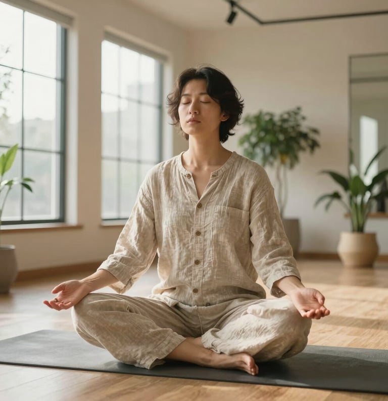 A person in comfortable, high-quality linen attire practicing deep breathing exercises in a bright, modern wellness studio with large windows and indoor plants in the North American / US region. The lighting is warm and empathetic.