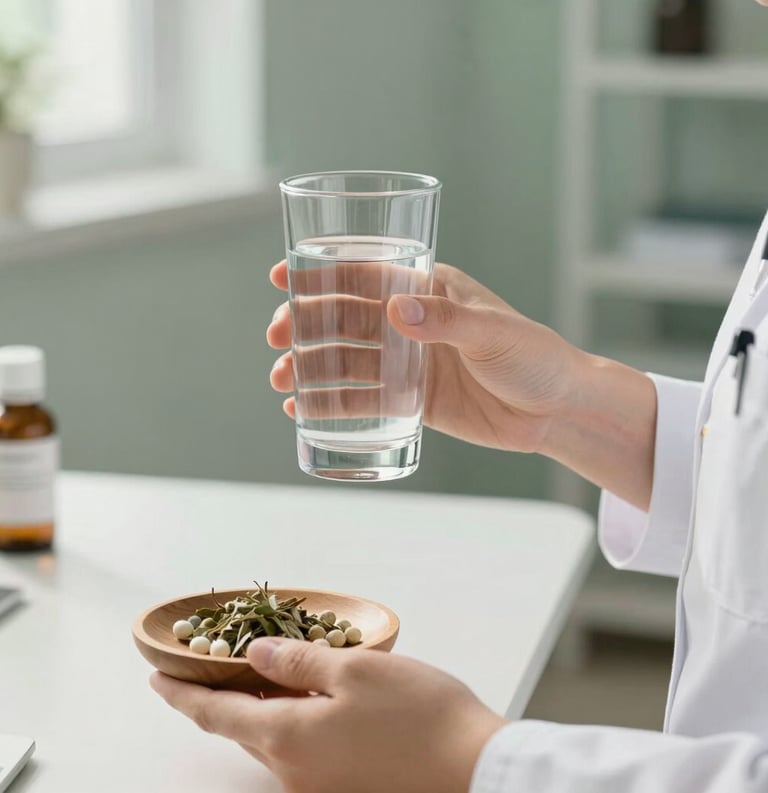 A close-up photograph of a professional healthcare practitioner’s hands in a modern, sun-drenched North American / US medical office. They are holding a minimalist glass of water and a small wooden tray with herbal supplements. The colors are muted sage green and off-white.