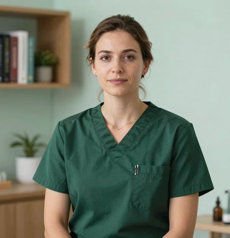 A calm, professional portrait of a wellness guide in a serene North American / US clinical setting. The background shows a modern bookshelf and soft lighting. The colors include deep forest green and pale mint.