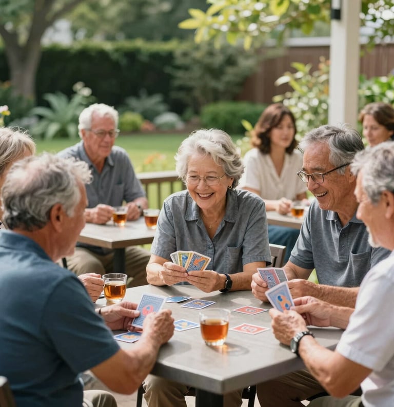 A candid photography shot of a group of active mature adults enjoying a sunny day on a terrace in North American / US, some are playing cards while others are laughing and drinking tea, soft focus on the lush garden background, bright and inviting mood.