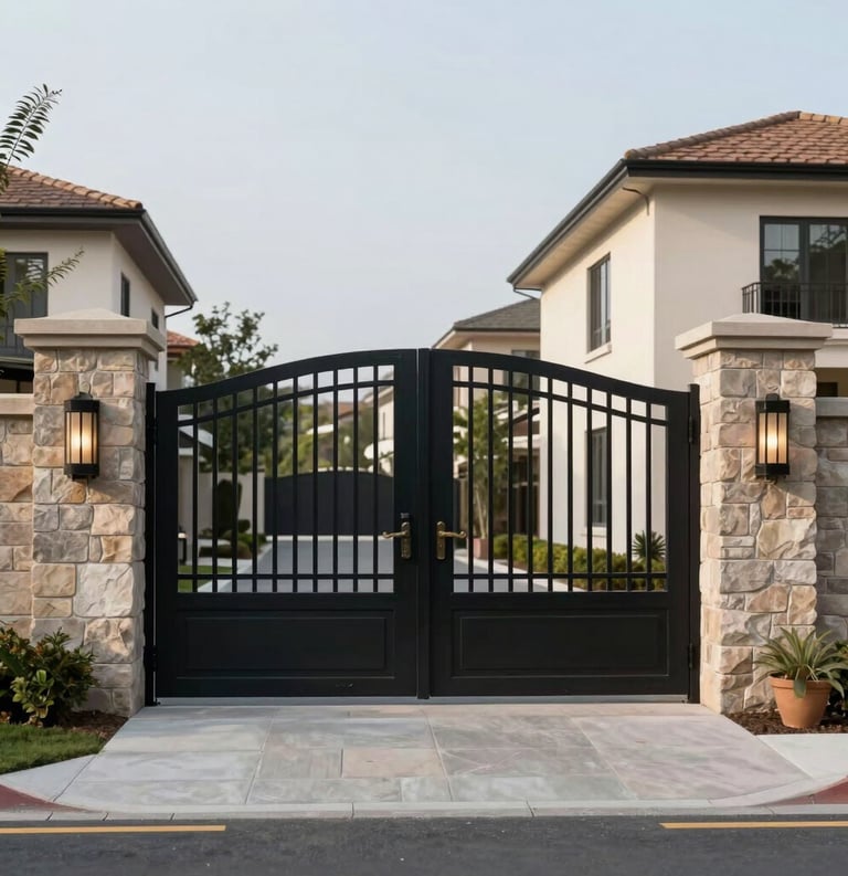 A wide shot of a modern, secure gated entrance with stone pillars and elegant black iron gates in a high-end North American / US residential neighborhood.