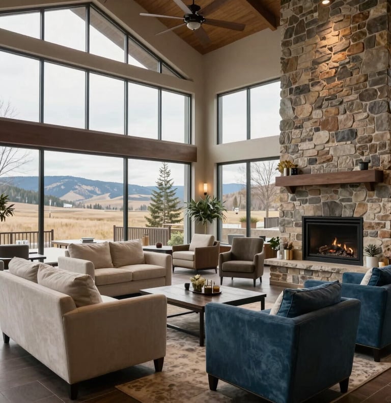 A wide photography shot of a spacious, high-end community lounge with comfortable armchairs, a large stone fireplace, and floor-to-ceiling windows looking out over a North American / US landscape, soft natural lighting, decorated in Off-White and Steel Blue tones.