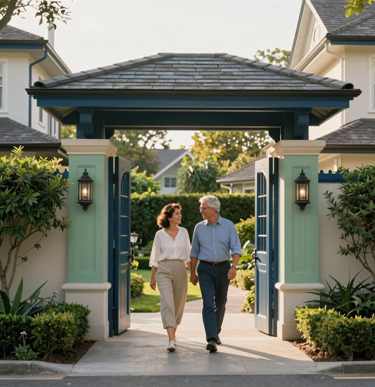 A high-quality photography shot of a mature couple walking hand-in-hand through a beautifully manicured, gated garden entrance in a North American / US residential community, warm afternoon sunlight, featuring Steel Blue and Sage Green accents in the architectural details.