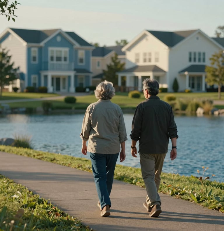 A professional photography shot of two mature adults walking along a paved trail next to a clear blue pond in a North American / US residential park, casual attire, serene atmosphere, soft morning light hitting the Steel Blue and Off-White buildings in the distance.