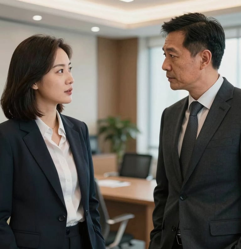 Two professionals in North American business attire engaging in a calm, serious discussion in a well-lit, premium office setting.