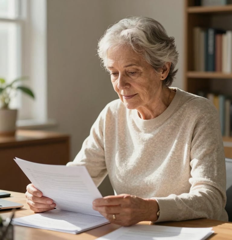 A focused North American senior professional in a soft ivory sweater sitting in a sunlit home office, reviewing financial documents with a calm expression, professional and warm atmosphere.