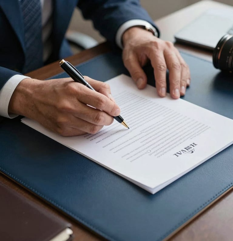 Close-up of hands signing a formal document with a high-end pen on a navy blue leather desk mat, soft natural light, North American / US corporate setting.