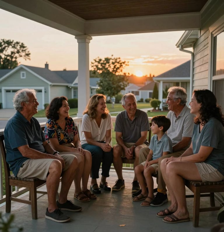 A multi-generational North American family sitting together on a porch at sunset, laughing and talking in a peaceful residential setting, suggesting legacy and security.