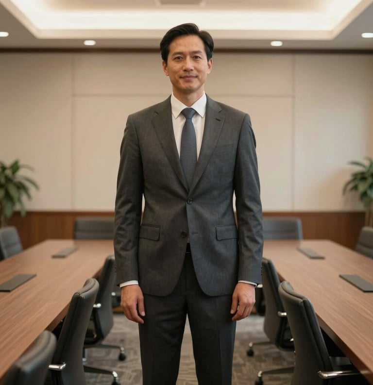 A North American professional in a charcoal suit standing in a dignified, warm-lit conference room with high-quality furnishings, conveying a sense of leadership and peace.