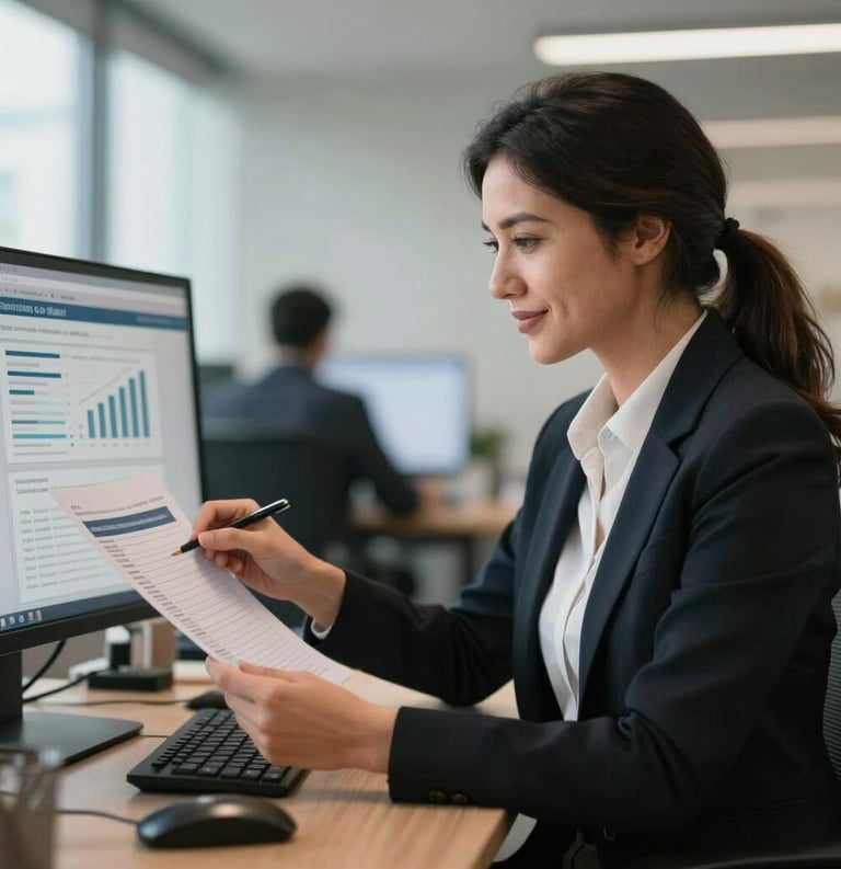 A corporate HR manager in a modern Brazilian workspace reviewing performance reports on a screen, looking confident and satisfied, soft focus background.