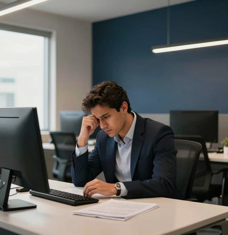A modern office in Brazil, a professional employee looking slightly stressed sitting at a desk, clean minimalist design with dark navy blue accents, realistic warm soft lighting, photography style.
