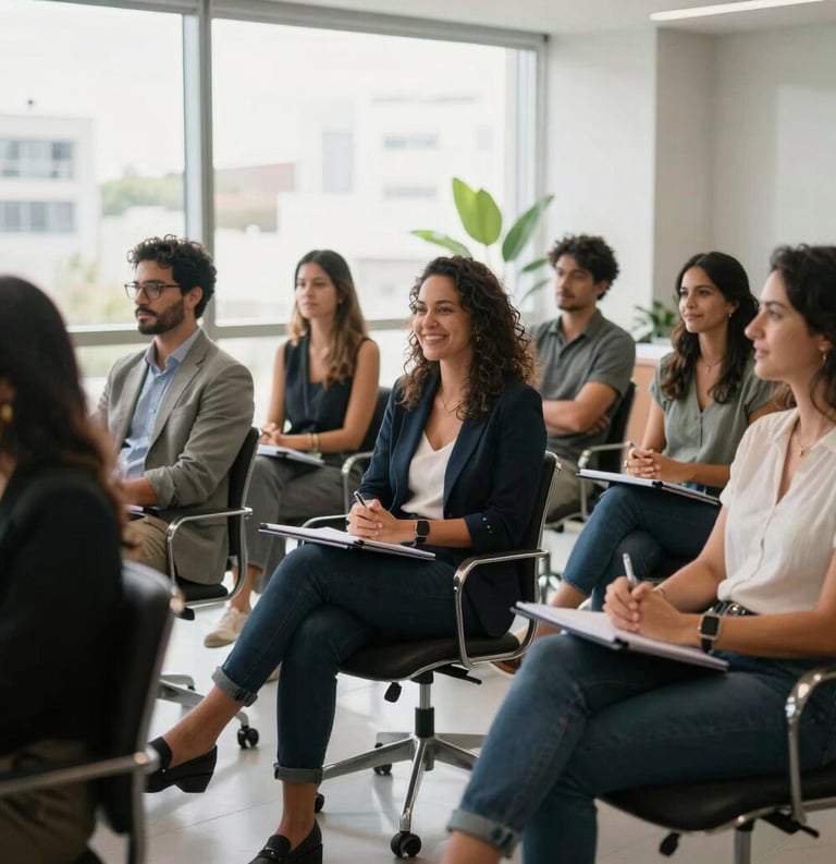 A group of South American professionals sitting in a bright, modern Brazilian office, engaging in an interactive workshop, smiling and relaxed, natural morning light.