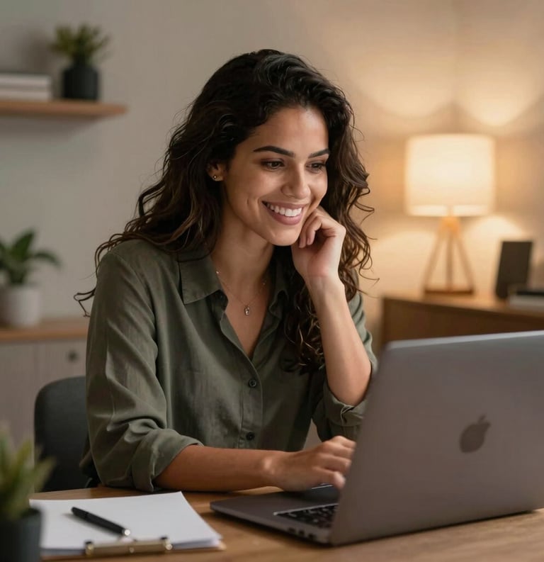 A Brazilian professional smiling during an online therapy session on a laptop, warm and cozy modern office atmosphere, soft ambient light, natural professional setup.