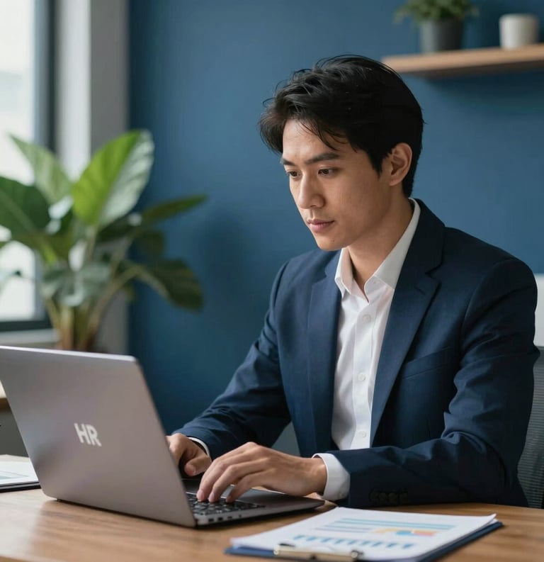 A modern and clean photograph of a Brazilian business professional calmly reviewing HR metrics on a laptop screen. The focus is on their serene expression, comfortable workspace, soft lighting, hints of deep corporate blue and fresh green plants in the background.
