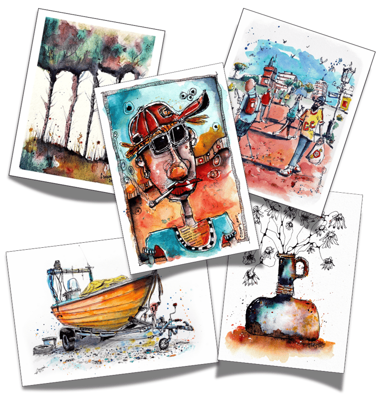 a selection of ink and watercolour sketches from my online courses