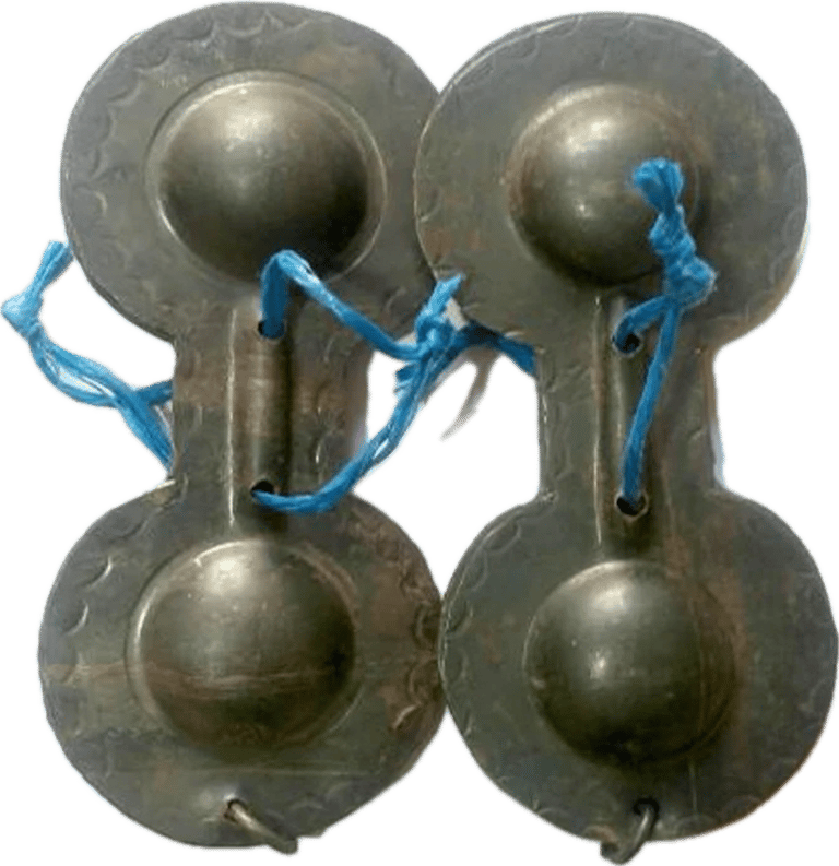 two bells on a metal bellows with blue rope