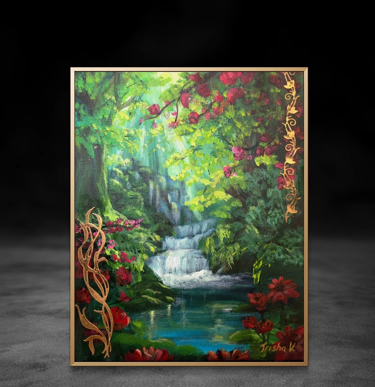 The Forest of Forgotten Dreams, Mystical Landscape Painting with Waterfalls and Enchanted Forest