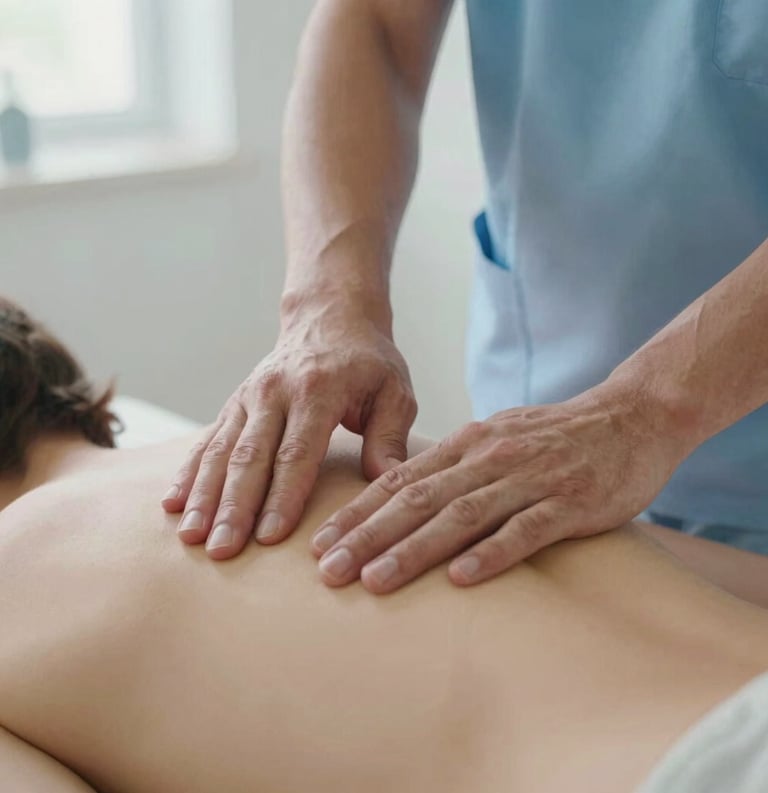 Close-up photography of professional physiotherapist hands performing a delicate technique on a patient's back. Calm and clinical atmosphere, soft daylight, palette of light blue and white, Southern European / Spanish clinic setting.