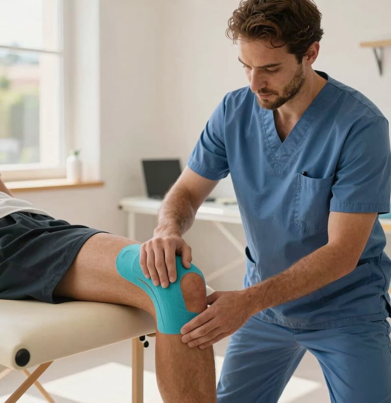 Professional photography of a physical therapist applying sports tape to an athlete's knee in a bright, modern clinic in Palmanova, Mallorca. Muted blue and off-white color scheme, natural sunlight, Southern European setting.