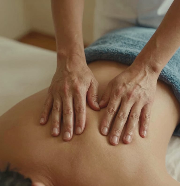 Close-up artistic photography of a therapeutic massage on a shoulder, warm soft lighting, cream and muted blue towels in the background. Calm and serene atmosphere, Southern European / Spanish clinic setting.