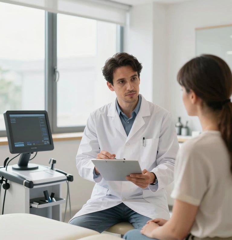 A professional therapist in a modern, clean Palmanova clinic explaining a treatment plan to a patient. Bright setting with large windows, professional equipment, trustworthy and calm mood, Southern European context.