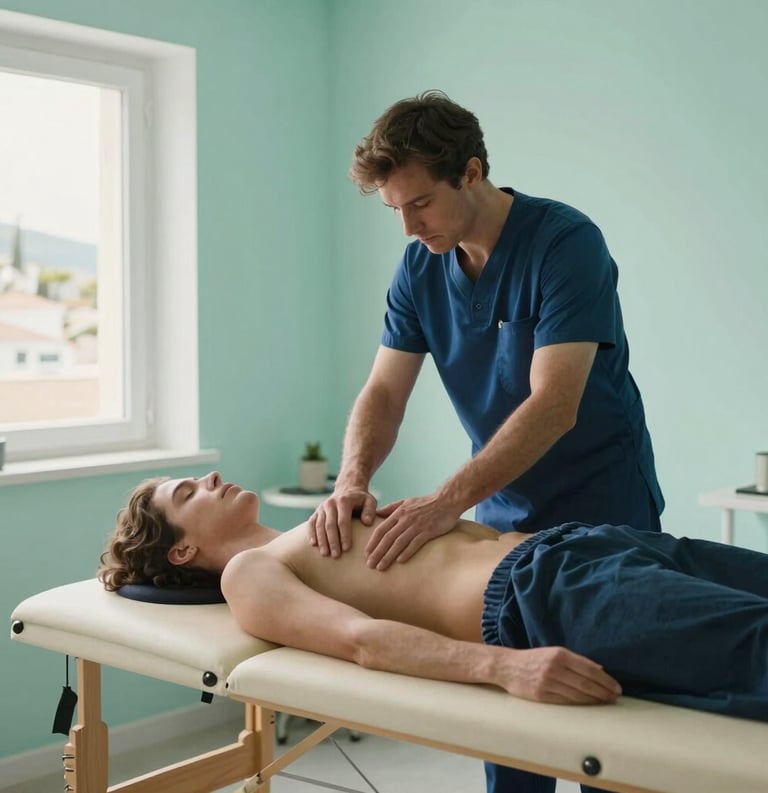 Photography of a patient receiving a gentle osteopathic treatment on a wooden massage table. Minimalist and calm environment with light mint and dark blue details, soft morning light in a Spanish coastal town clinic.