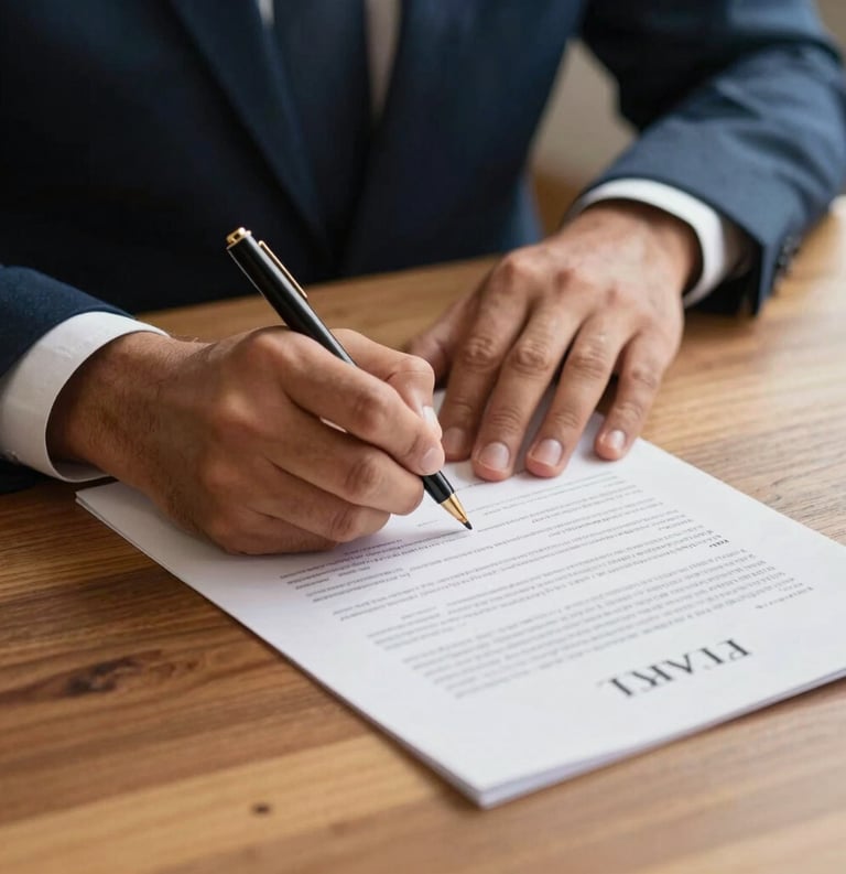 Close-up of South American hands signing a legal contract on a wooden table, professional setting, warm gold and medium blue tones, signifying trust and legal protection.