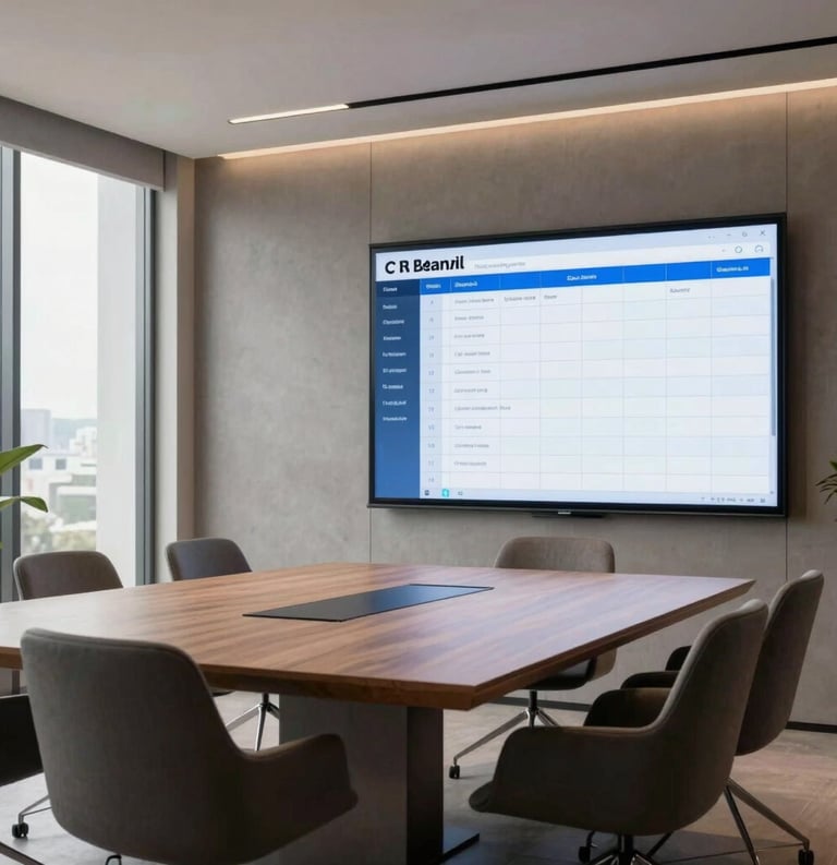 A modern meeting room in Brazil with minimalist furniture and a large screen displaying an organized agenda, natural light and blue accents.