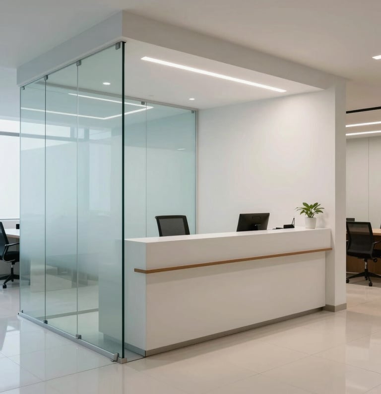 A clean, modern South American law office reception area, minimalist design, glass partitions, organized environment in pale blue and off-white colors.