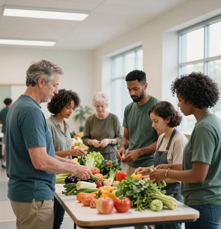 A bright and clean indoor community center setting in North American / Michigan US where a diverse group of people are gathered around a table with fresh local produce. Soft natural lighting, professional and approachable mood, featuring muted teal and forest green accents.