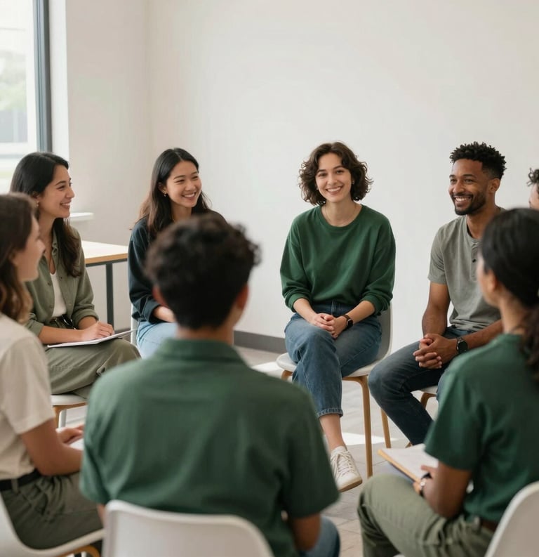A professional photograph of an inclusive community gathering in a bright, modern room in North American / Michigan US. People are smiling and engaging in collaborative discussion. Soft lighting, clean composition, using a palette of forest green and off-white.