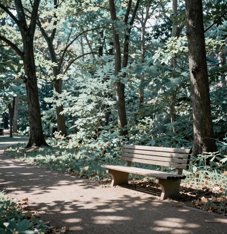 A serene outdoor scene in a lush Michigan park with tall trees and dappled sunlight. A wooden bench sits by a walking path, symbolizing peace and community support. High-quality photography, professional style, reflecting the colors of light mint and muted teal.
