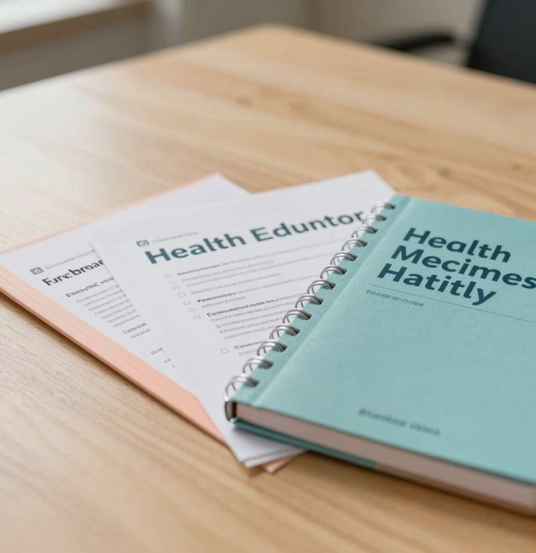 Close-up photography of a set of professional health education materials and a notebook resting on a clean wooden table. Soft shadows, warm and approachable lighting, in a North American / Michigan US office setting. Palette colors like peach and muted teal are visible.