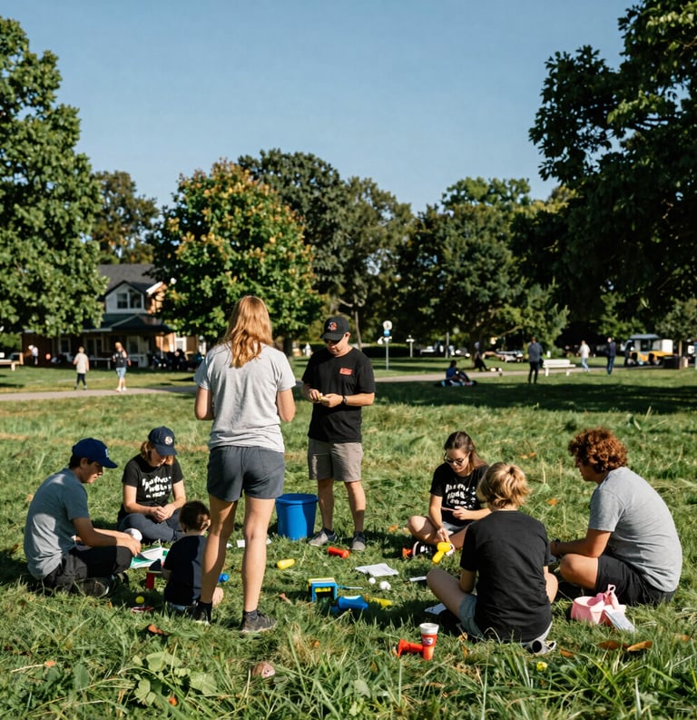 A community wellness day in a Michigan park. Families are engaged in educational activities under a bright, clear sky. Trusted and supportive mood.