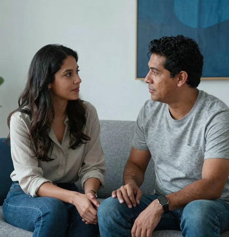 A Hispanic couple sitting on a contemporary sofa, engaging in a calm and respectful conversation, with soft light blue and steel blue accents in the background room.