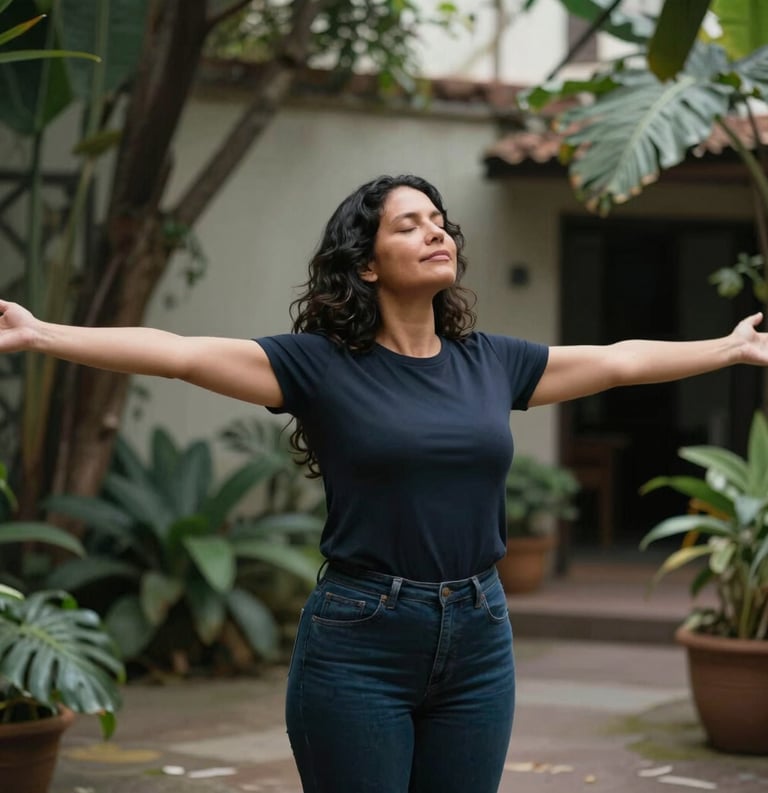 A Hispanic woman standing in a peaceful outdoor courtyard with lush plants, stretching her arms wide with a serene expression of freedom and mental clarity.