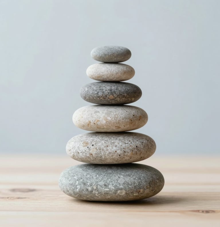 Minimalist photography of smooth stones stacked in balance on a light wood surface. The background is a soft-focus interior with pale blue and white colors, evoking serenity and professional stability.