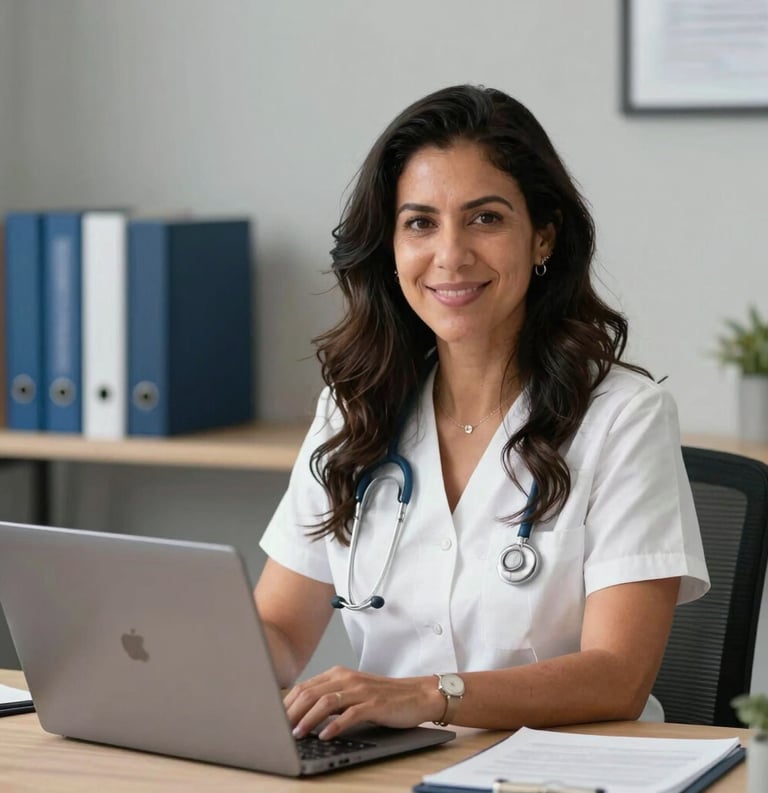 A Hispanic therapist, Valeria, looking warmly at the camera from her desk in a professional and modern office, with a laptop open and books in shades of steel blue behind her.