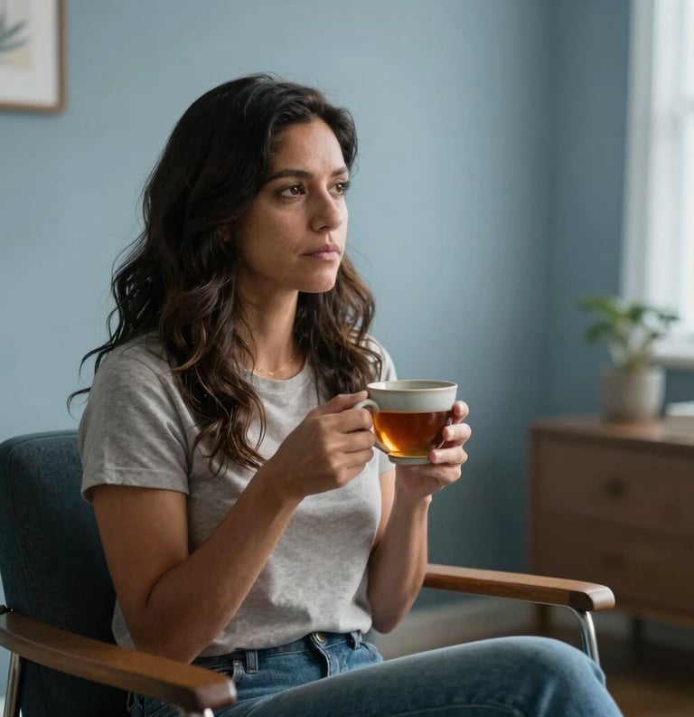 A Hispanic woman sitting in a serene therapy office with soft mist blue walls, holding a ceramic cup of tea, looking contemplative and calm in a natural light setting.