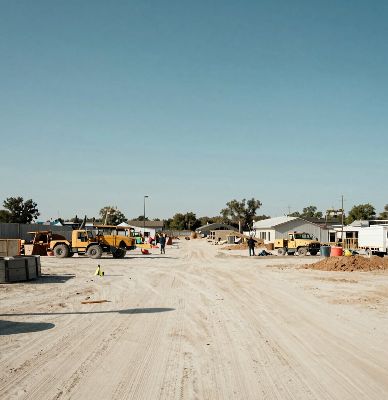 Wide-angle photography of a community infrastructure project in the US. The scene is bright and authoritative, showing the tangible results of scalable social impact. Colors lean towards off-white and medium blue tones.