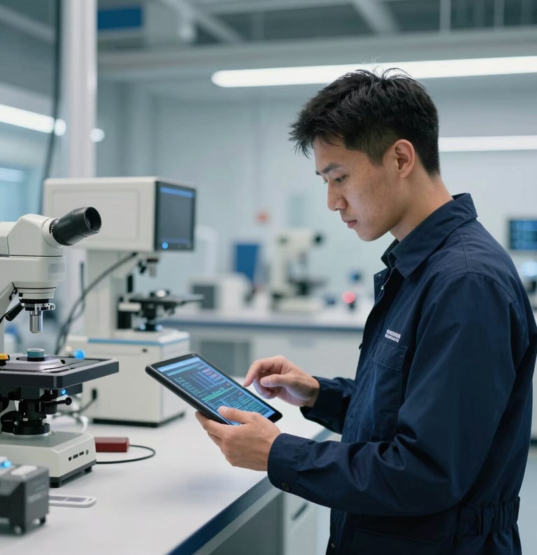 A high-tech research facility in North America with clean lines and soft blue lighting. A professional is reviewing data on a tablet, emphasizing innovation and sophisticated strategy. The color palette includes dark blue and off-white accents.