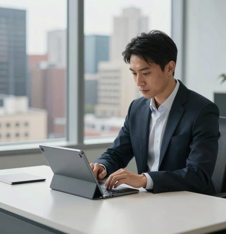 A North American professional working at a minimalist desk in a high-rise office, focused on a tablet display, with a backdrop of a blurred, vibrant cityscape.
