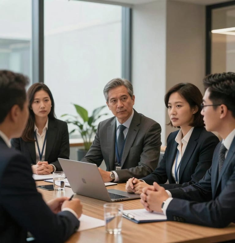 A group of professionals in a North American corporate setting, engaging in a strategic meeting about philanthropic partnerships. The mood is sophisticated and forward-thinking. Lighting is professional and warm, highlighting the foundation's authoritative presence.