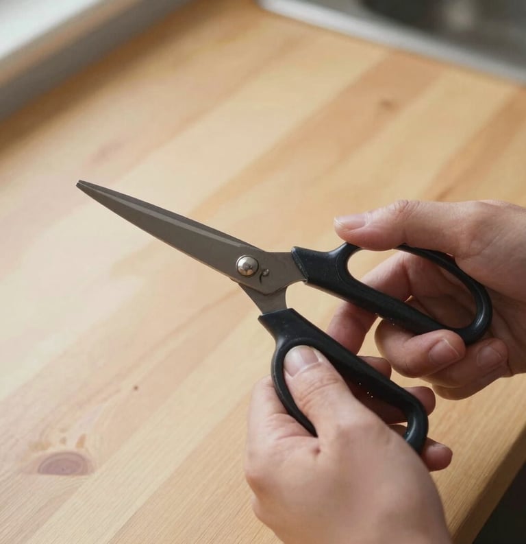A focused shot of a person's hands carefully oiling a pair of high-quality kitchen shears, North American / US home setting, approachable and educational mood, warm natural lighting, with a clean wooden countertop backdrop.