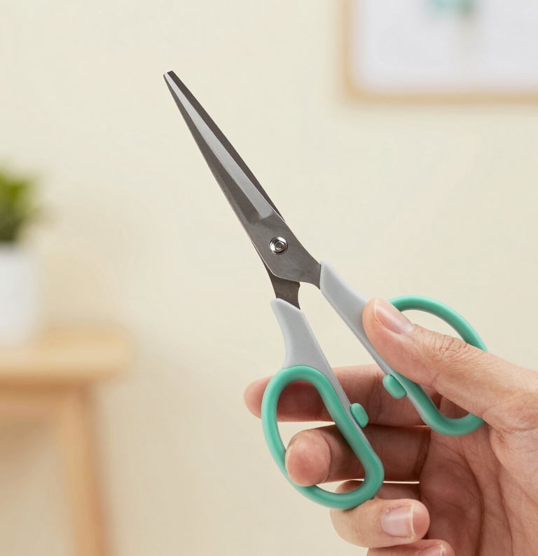 A close-up photograph of a hand testing the grip of modern ergonomic scissors, North American / US design studio background, bright and airy lighting, focusing on comfort and precision, using light gray and medium green accents.