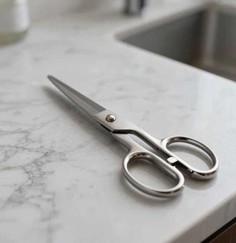 A still life photograph of high-quality stainless steel scissors resting on a light gray marble countertop in a well-lit North American home.