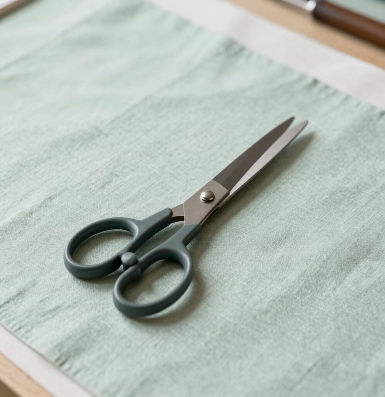 A minimalist studio photograph of professional tailor's shears resting on a light green linen surface, soft natural light, North American / US workshop setting, clean and sophisticated aesthetic, using soft pale green and white tones.