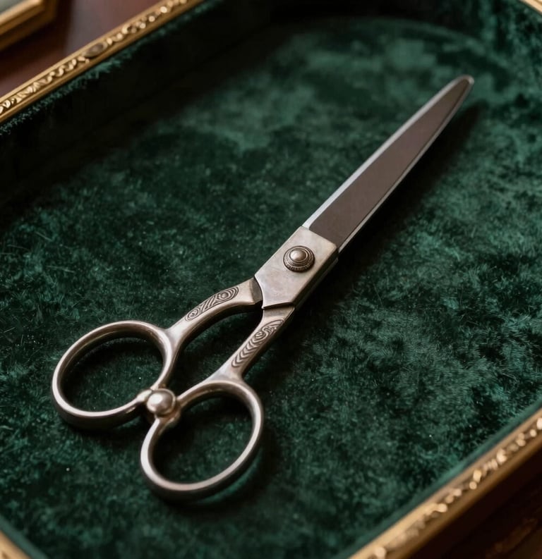 A high-angle professional shot of vintage ornate scissors displayed on a dark green velvet tray, North American / US library setting, elegant and classic lighting, highlighting the intricate metallic details and historical charm.