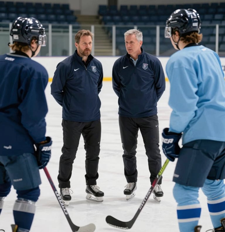 Candid photography of a collegiate coach and student-athlete discussing strategy on the ice, North American / US Southern setting, modern training attire in navy and light blue colors.